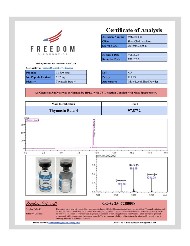 Thymosin Beta-4 (TB-500) research peptide vial with COA document showing purity data